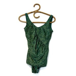 Vintage | Sun Sations | Green Rose Print One Piece Swim Suit Size 12